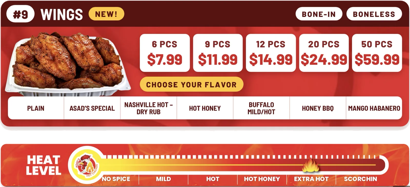 Asad's Hot Chicken wings menu board: bone-in or boneless, 7 flavors, 6 to 50 piece prices and heat levels from No Spice to Scorchin
